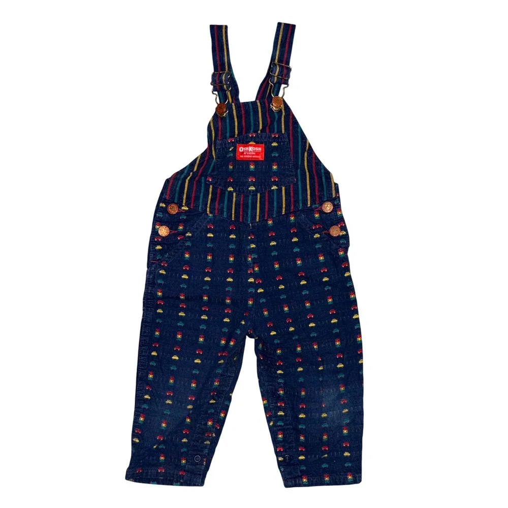 OshKosh Bgosh Vintage Corduroy Overalls 24M Navy Blue Car Traffic Light Print